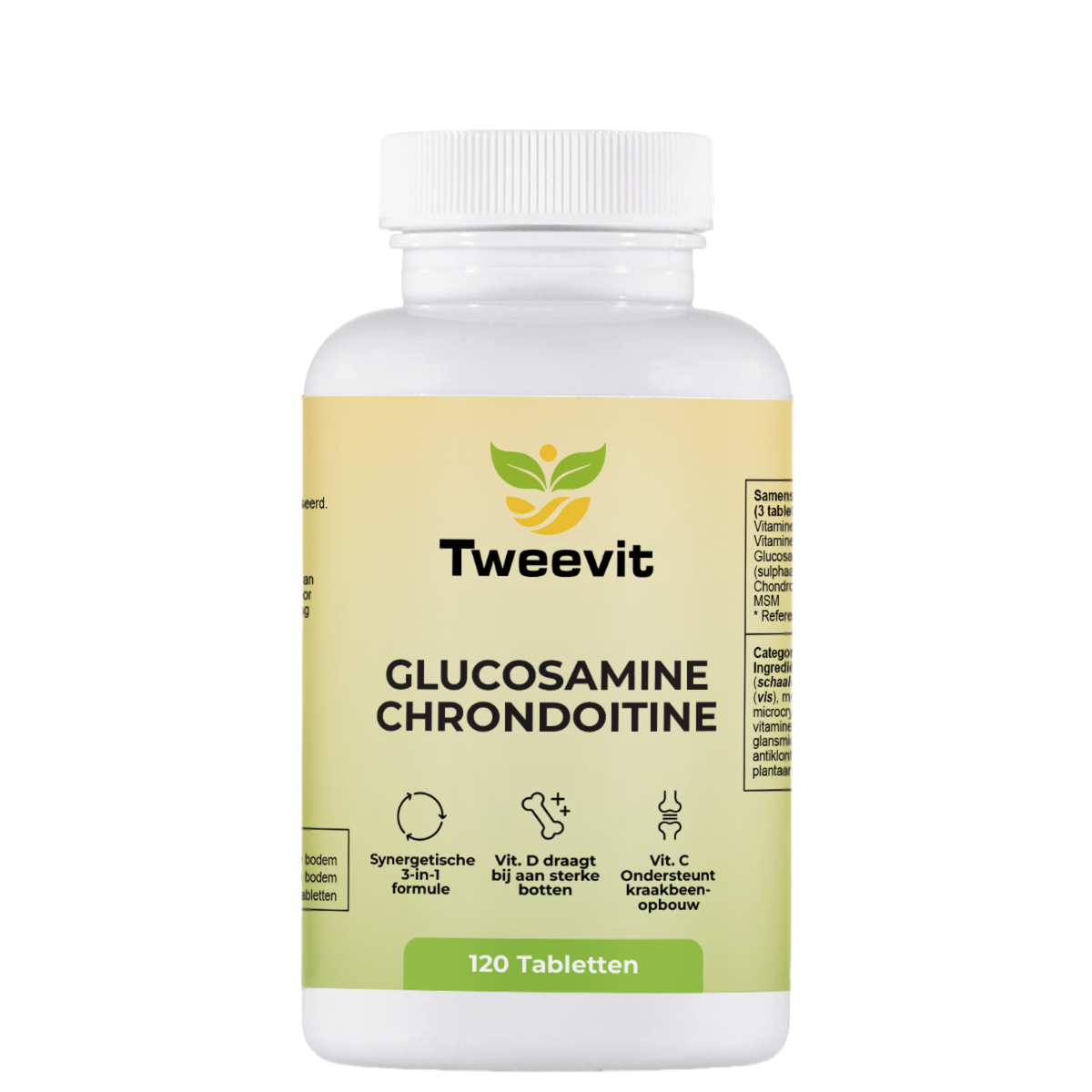 Tweevit Glucosamine Chondroïtine 120 tabletten – Synergetische 3-in-1 formule met MSM, vitamine C en D voor ondersteuning van kraakbeen, botten en gewrichten